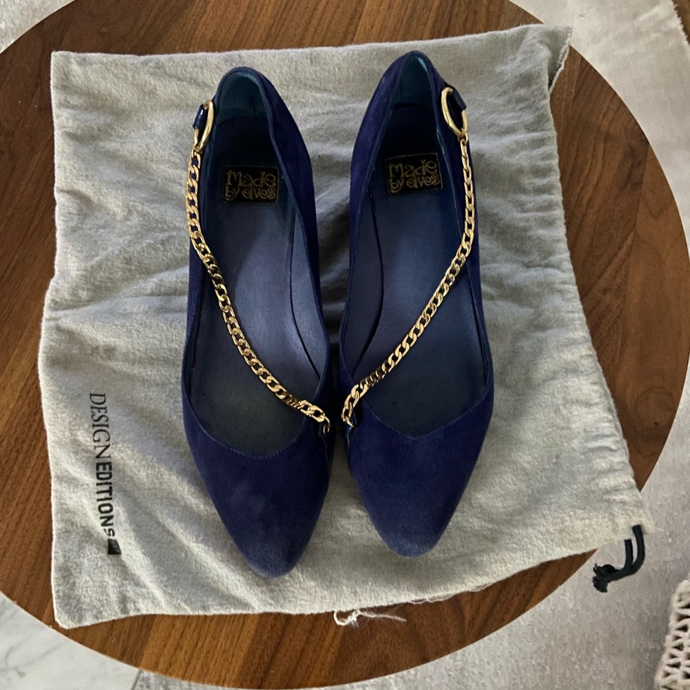 EUC Urban Outfitters Blue Suede/ Patent Leather Gold Chain Heels Shoes Sz 7.5!!!